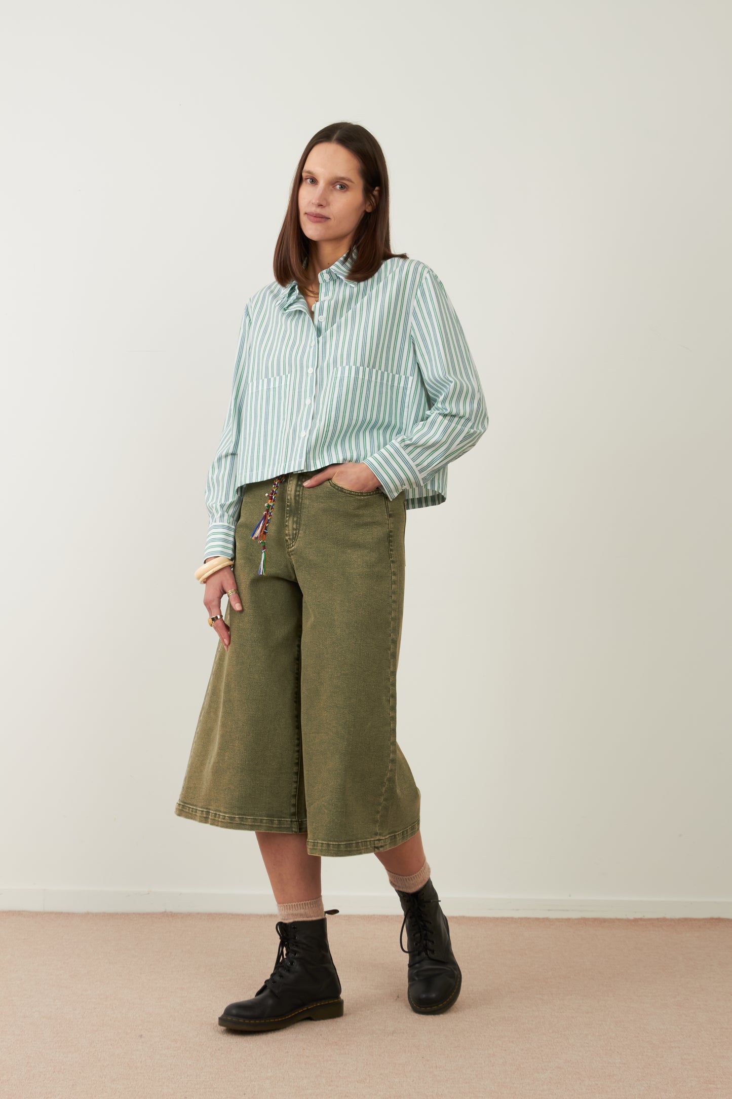 Chemise en coton crop Iconic - Rayures vertes