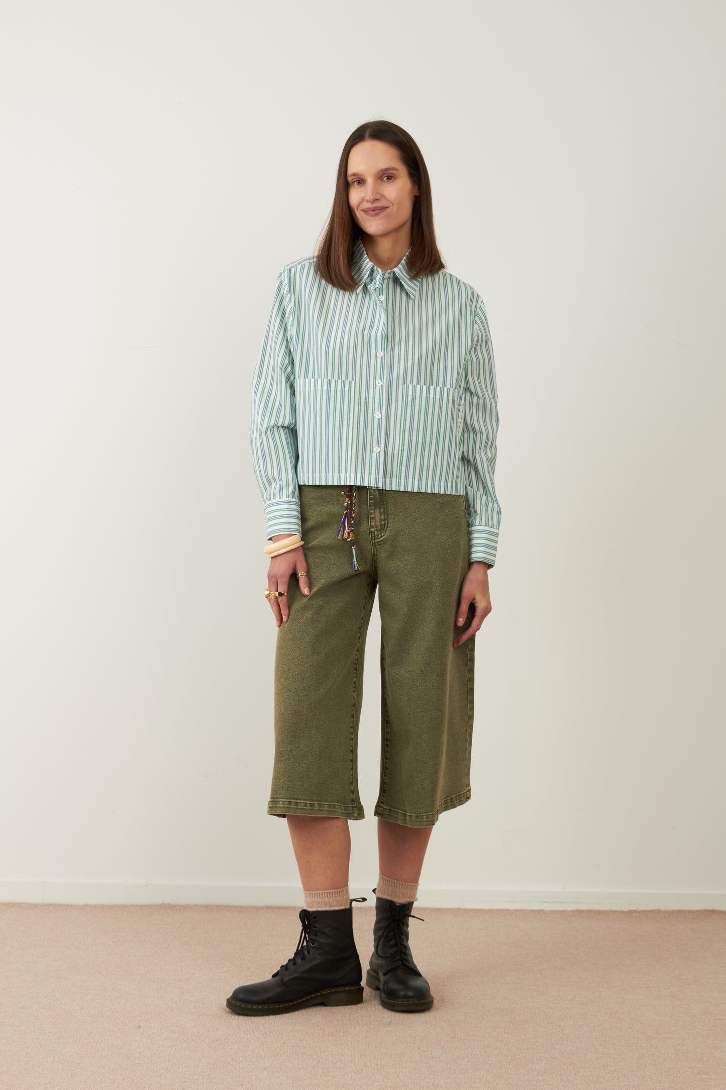 Chemise en coton crop Iconic - Rayures vertes