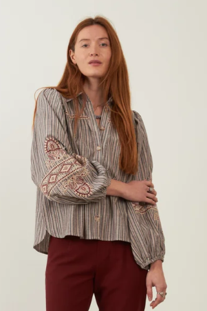 Chemise en coton rebrodé Yaffa - Rayures bordeaux