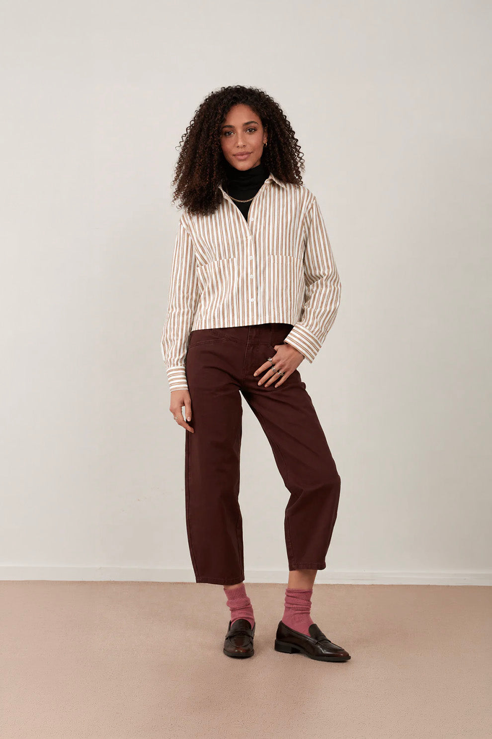 Chemise en coton crop Iconic - Rayures beige
