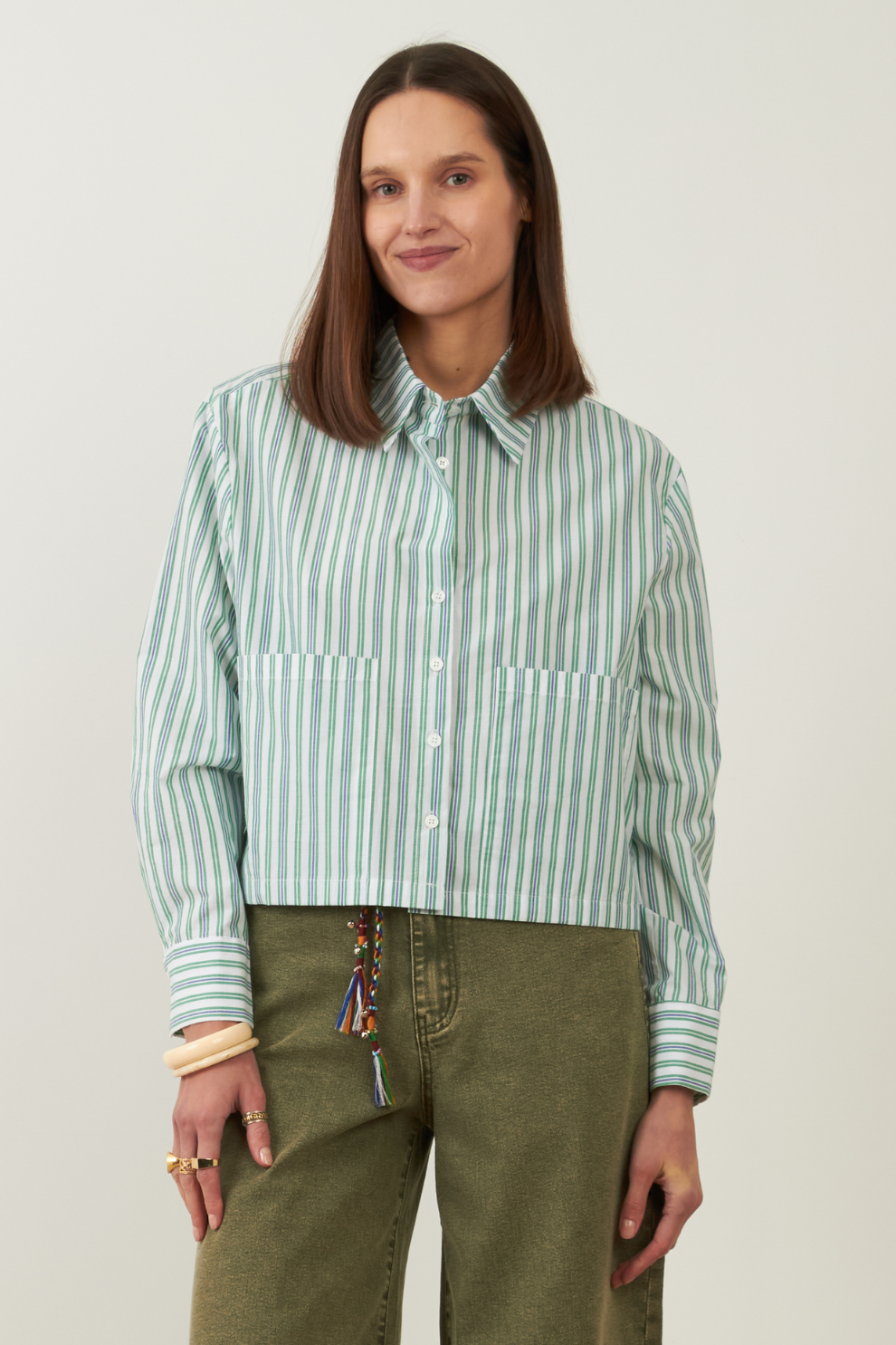 Chemise en coton crop Iconic - Rayures vertes