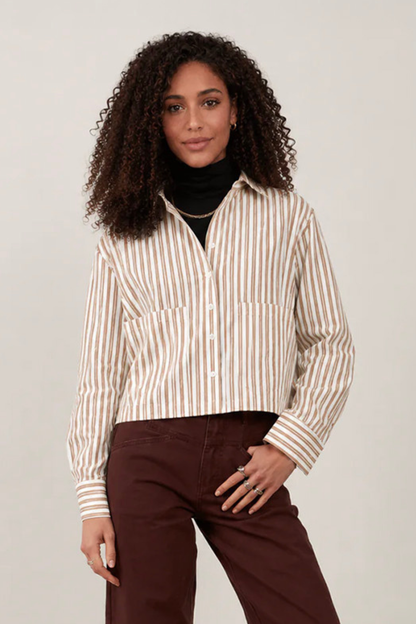 Chemise en coton crop Iconic - Rayures beige
